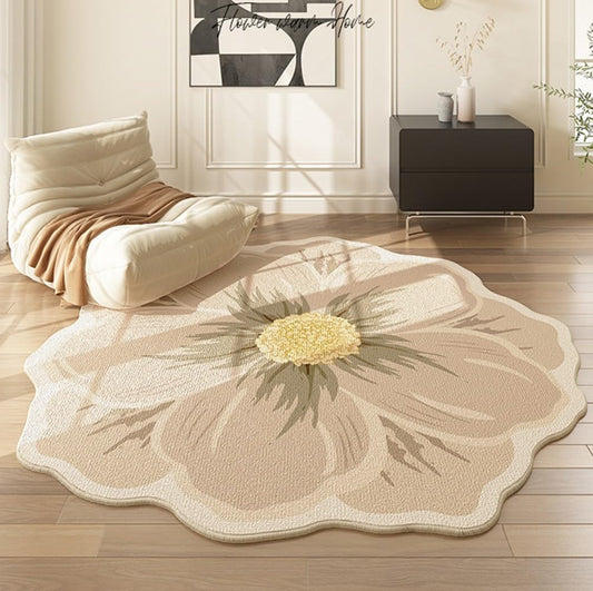 Yellow Green Beige Flower Rug 2ft Round Area Rugs Elegant Floral Texture Non Slip Foldable Washable Durable Comfort Thin Carpets for Bedroom Living Room Conference Room Guestroom Floor Mats