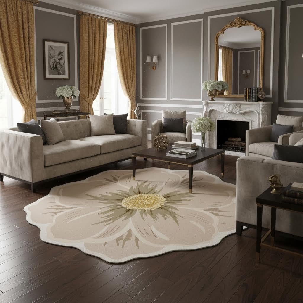 Yellow Green Beige Flower Rug 2ft Round Area Rugs Elegant Floral Texture Non Slip Foldable Washable Durable Comfort Thin Carpets for Bedroom Living Room Conference Room Guestroom Floor Mats