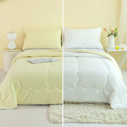 COTTEBED Reversible KING Bedding Comforter Set, Jersey Knit All Season Milk Cup Dual-Side Down Comforters, Super Soft Breathable Fluffy Lightweight Quilt & Pillow Shams(Yellow and White King/Cal King)