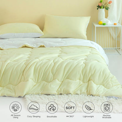 COTTEBED Reversible KING Bedding Comforter Set, Jersey Knit All Season Milk Cup Dual-Side Down Comforters, Super Soft Breathable Fluffy Lightweight Quilt & Pillow Shams(Yellow and White King/Cal King)