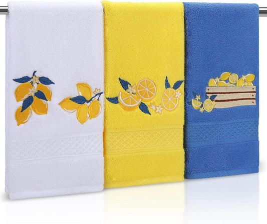 3 Pack Embroidered Cotton Hand Towels 13x30 Inch Yellow | Funny Lemon Decor Soft Absorbent Towel Set for Kitchen Gift Farmhouse Rustic Style