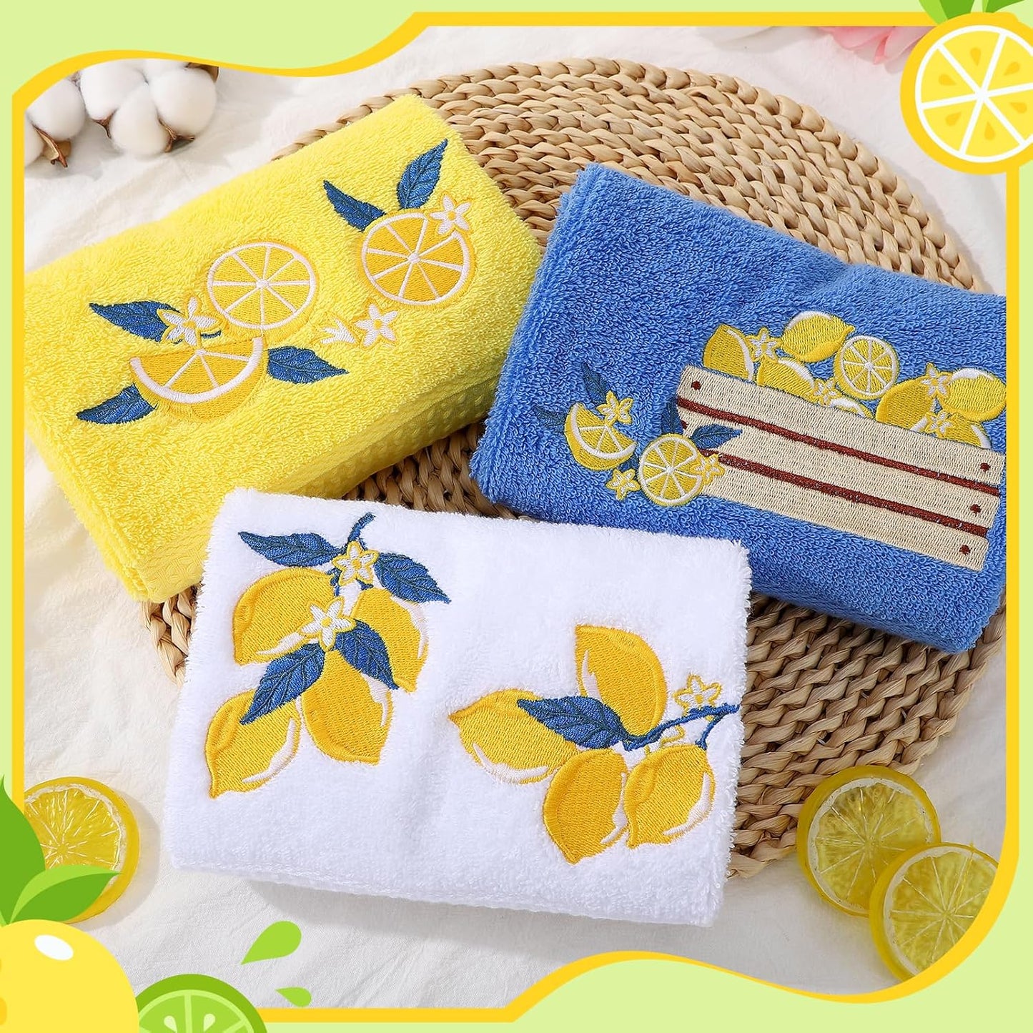 3 Pack Embroidered Cotton Hand Towels 13x30 Inch Yellow | Funny Lemon Decor Soft Absorbent Towel Set for Kitchen Gift Farmhouse Rustic Style