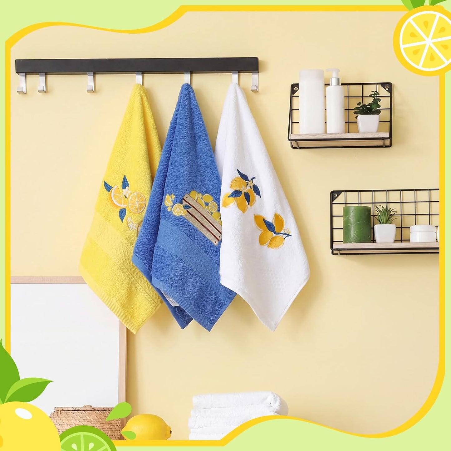 3 Pack Embroidered Cotton Hand Towels 13x30 Inch Yellow | Funny Lemon Decor Soft Absorbent Towel Set for Kitchen Gift Farmhouse Rustic Style