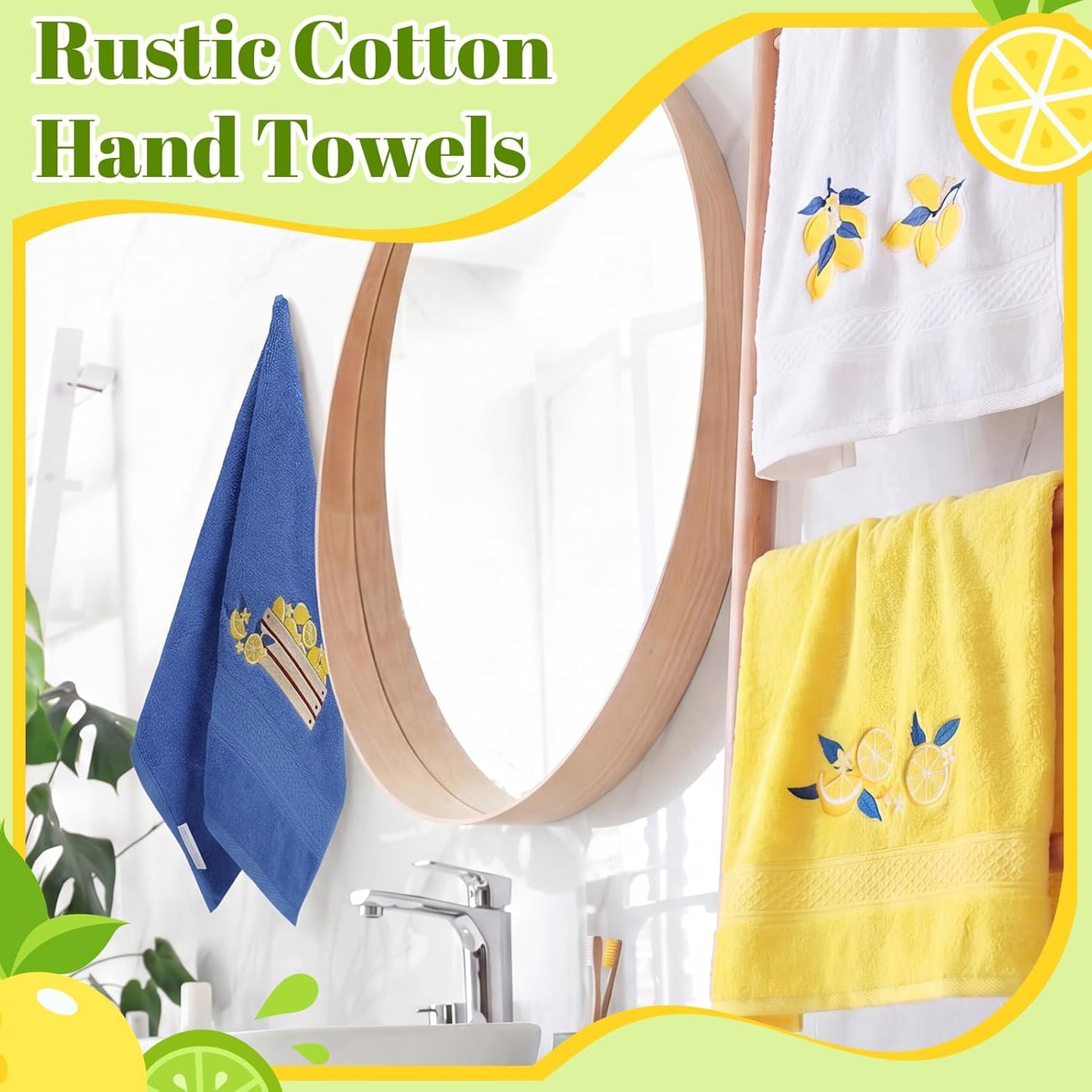 3 Pack Embroidered Cotton Hand Towels 13x30 Inch Yellow | Funny Lemon Decor Soft Absorbent Towel Set for Kitchen Gift Farmhouse Rustic Style