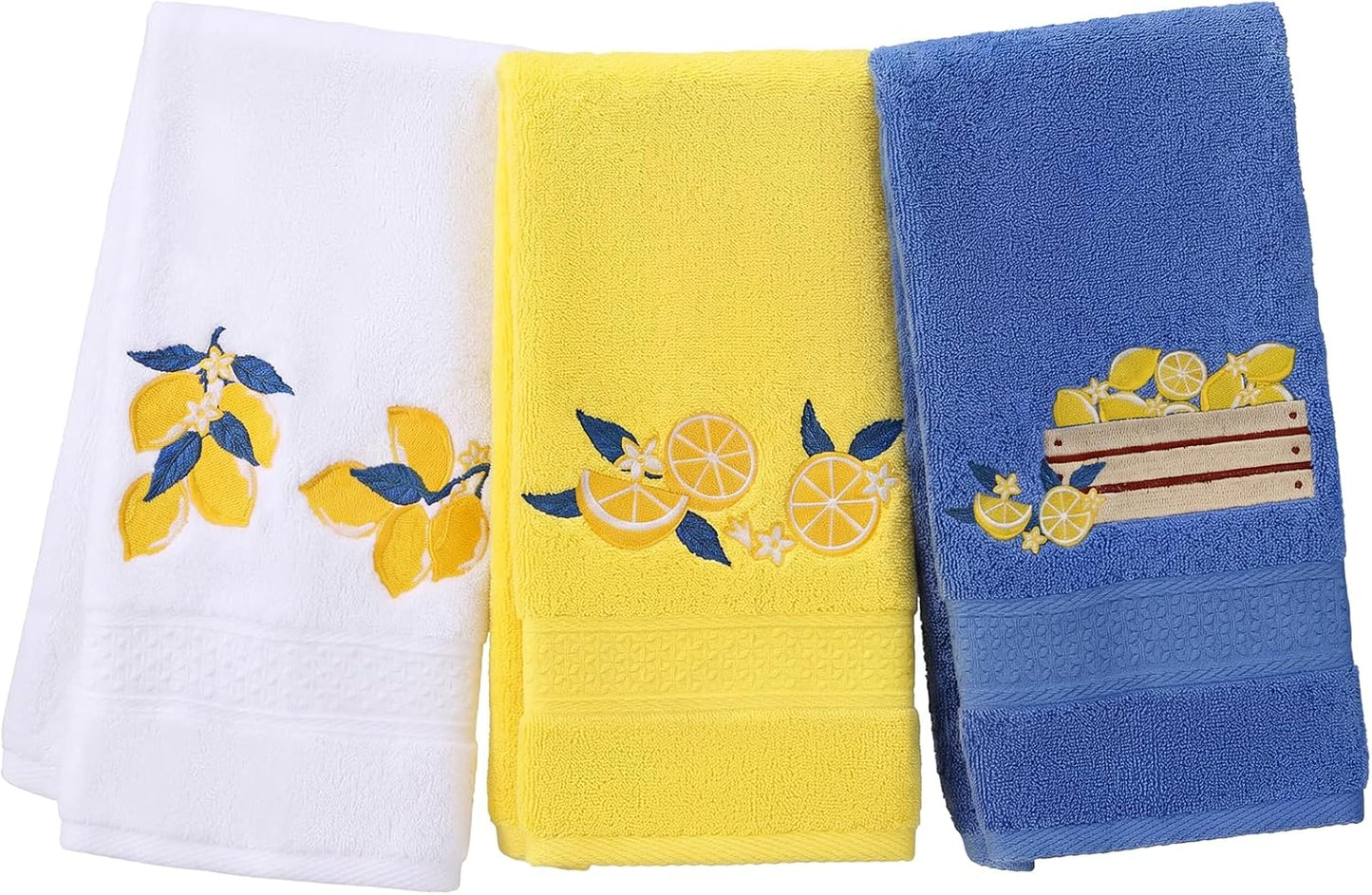 3 Pack Embroidered Cotton Hand Towels 13x30 Inch Yellow | Funny Lemon Decor Soft Absorbent Towel Set for Kitchen Gift Farmhouse Rustic Style