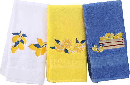 3 Pack Embroidered Cotton Hand Towels 13x30 Inch Yellow | Funny Lemon Decor Soft Absorbent Towel Set for Kitchen Gift Farmhouse Rustic Style
