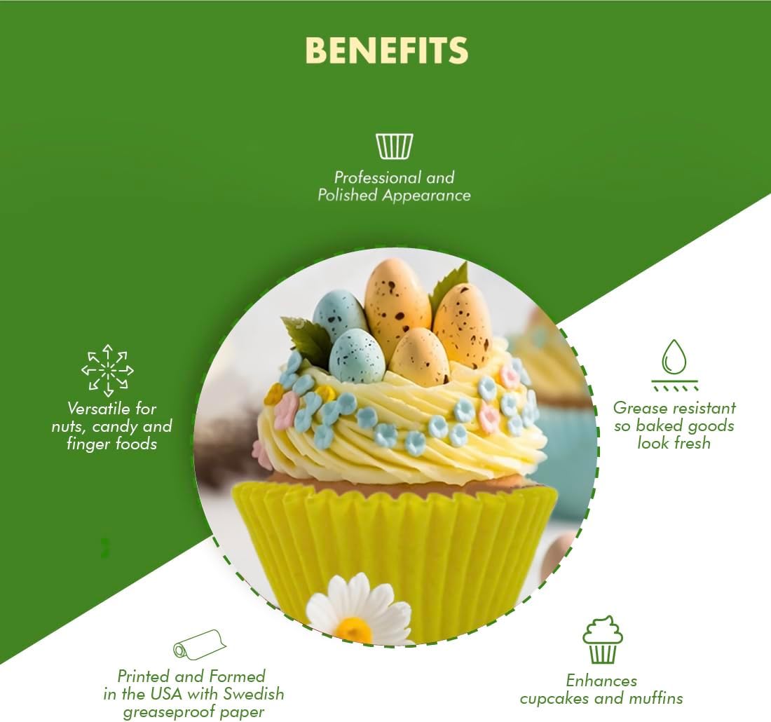 Greaseproof Professional Grade Baking Cups, Pack of 40, Standard Liners, Yellow Solid, for Cupcakes, Muffins, Candy, Non Stick