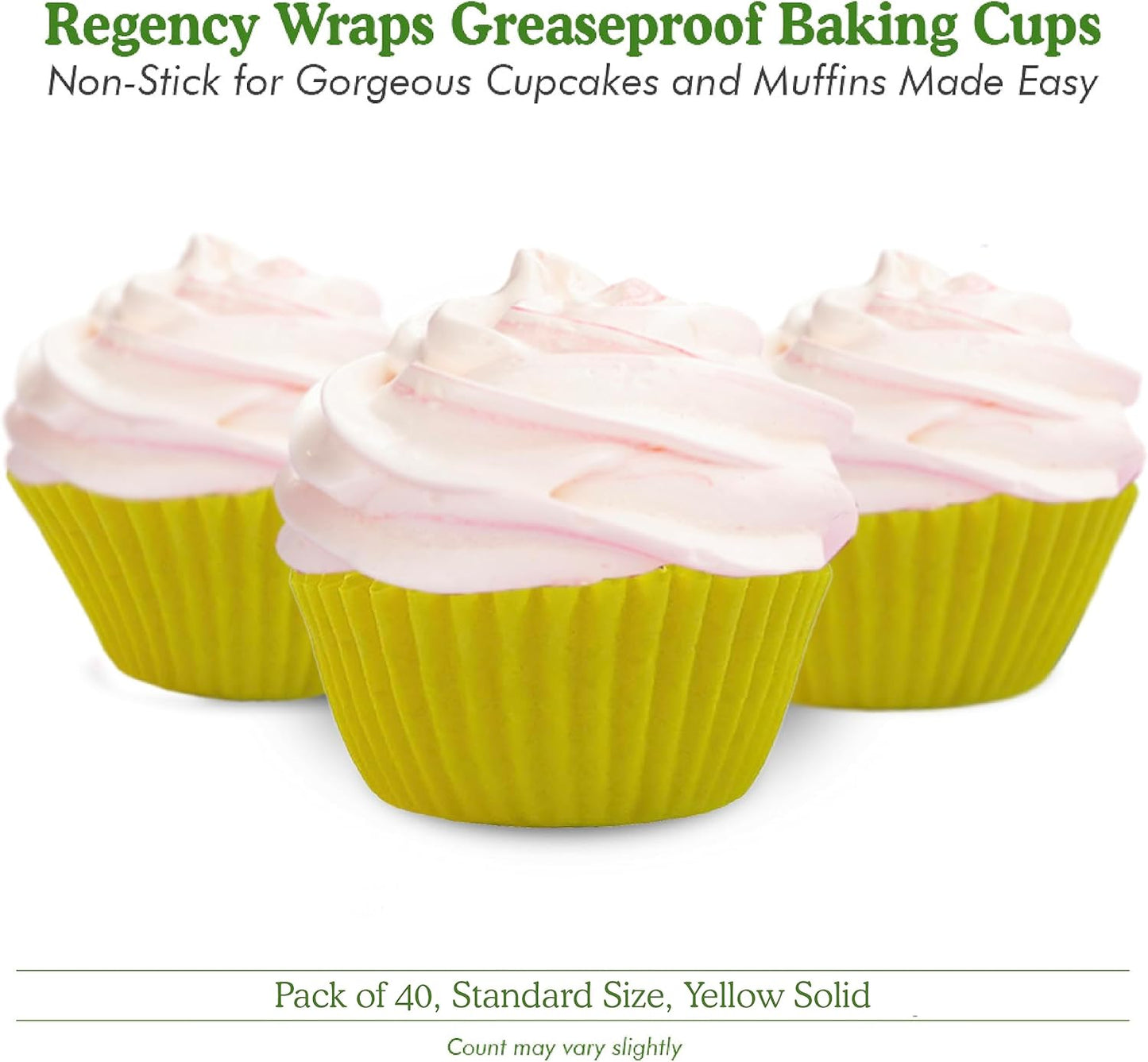 Greaseproof Professional Grade Baking Cups, Pack of 40, Standard Liners, Yellow Solid, for Cupcakes, Muffins, Candy, Non Stick