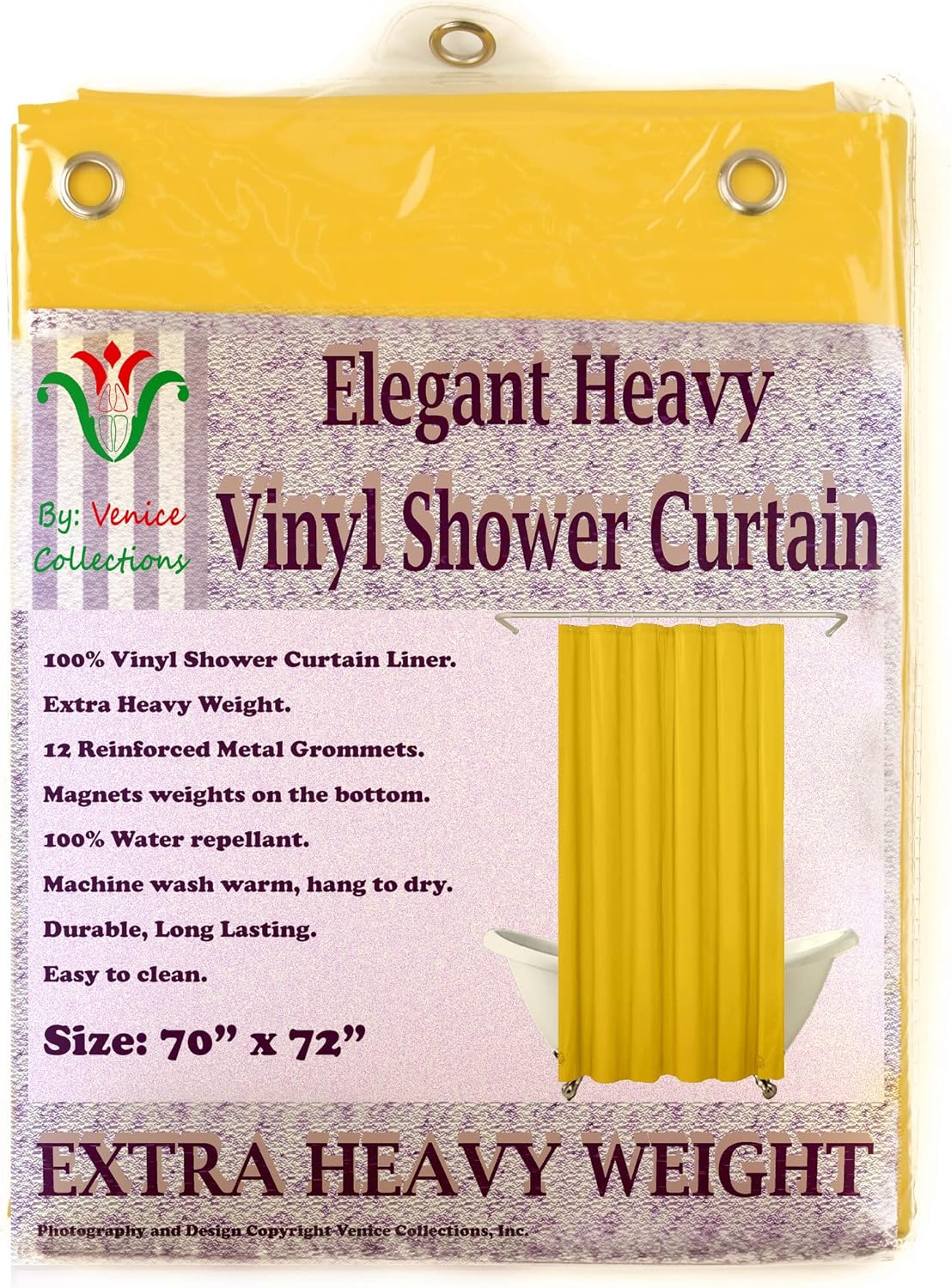 Elegant Heavy Duty Vinyl Shower Curtain Liner with 12 Metal Grommets Yellow