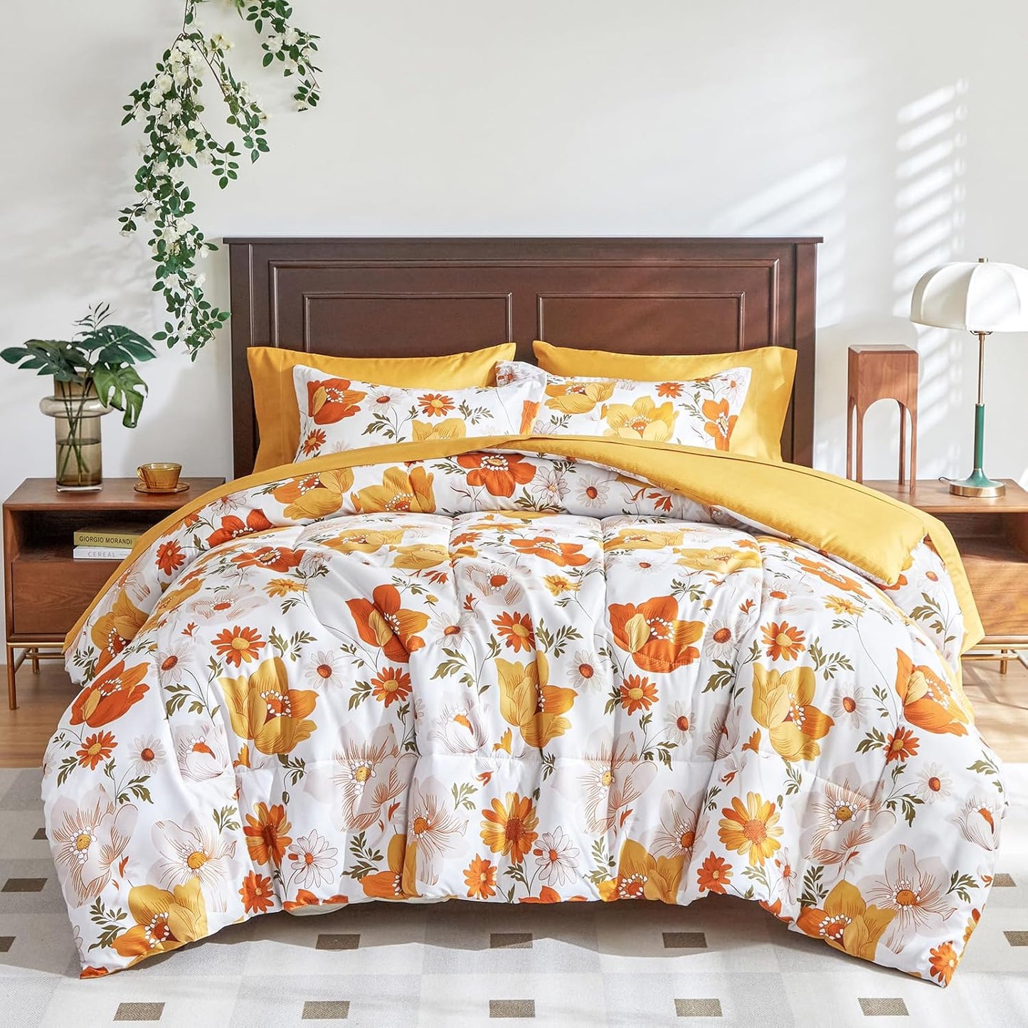 Floral Comforter Set 7 Pieces White with Yellow Orange Flowers Bed in a Bag King Size Reversible Bedding Set (1 Comforter 2 Pillow Shams 1 Flat Sheet 1 Fitted Sheet 2 Pillowcases)