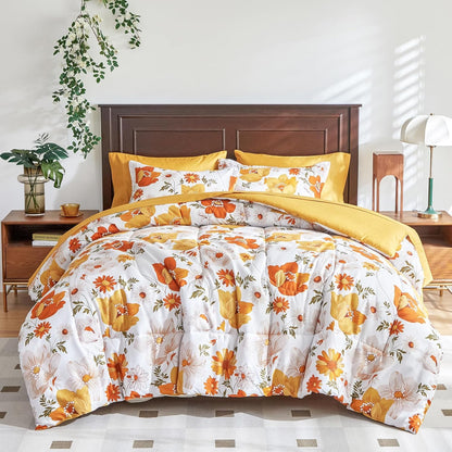 Floral Comforter Set 7 Pieces White with Yellow Orange Flowers Bed in a Bag King Size Reversible Bedding Set (1 Comforter 2 Pillow Shams 1 Flat Sheet 1 Fitted Sheet 2 Pillowcases)