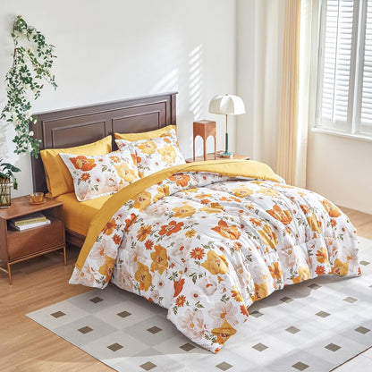 Floral Comforter Set 7 Pieces White with Yellow Orange Flowers Bed in a Bag King Size Reversible Bedding Set (1 Comforter 2 Pillow Shams 1 Flat Sheet 1 Fitted Sheet 2 Pillowcases)