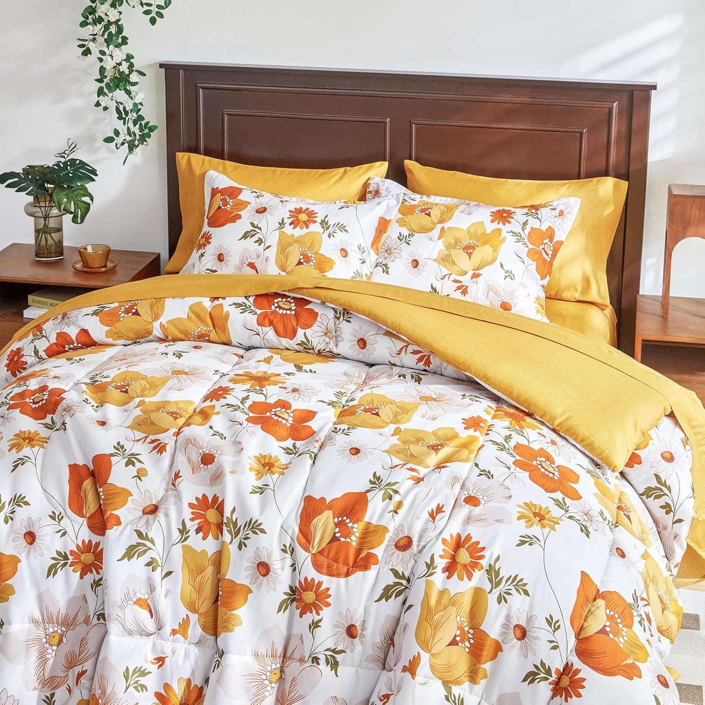 Floral Comforter Set 7 Pieces White with Yellow Orange Flowers Bed in a Bag King Size Reversible Bedding Set (1 Comforter 2 Pillow Shams 1 Flat Sheet 1 Fitted Sheet 2 Pillowcases)