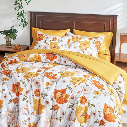 Floral Comforter Set 7 Pieces White with Yellow Orange Flowers Bed in a Bag King Size Reversible Bedding Set (1 Comforter 2 Pillow Shams 1 Flat Sheet 1 Fitted Sheet 2 Pillowcases)
