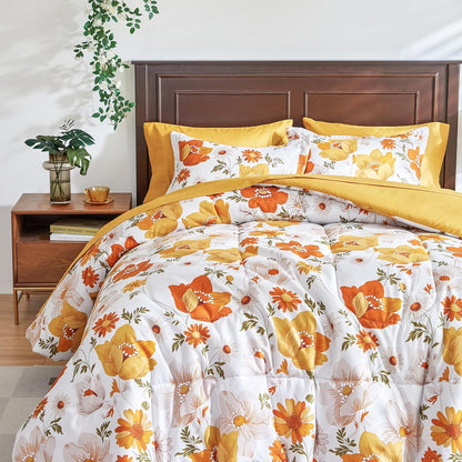 Floral Comforter Set 7 Pieces White with Yellow Orange Flowers Bed in a Bag King Size Reversible Bedding Set (1 Comforter 2 Pillow Shams 1 Flat Sheet 1 Fitted Sheet 2 Pillowcases)