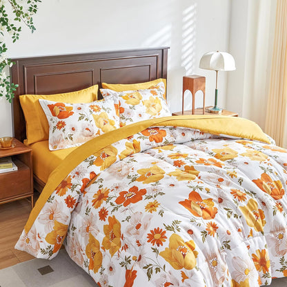 Floral Comforter Set 7 Pieces White with Yellow Orange Flowers Bed in a Bag King Size Reversible Bedding Set (1 Comforter 2 Pillow Shams 1 Flat Sheet 1 Fitted Sheet 2 Pillowcases)