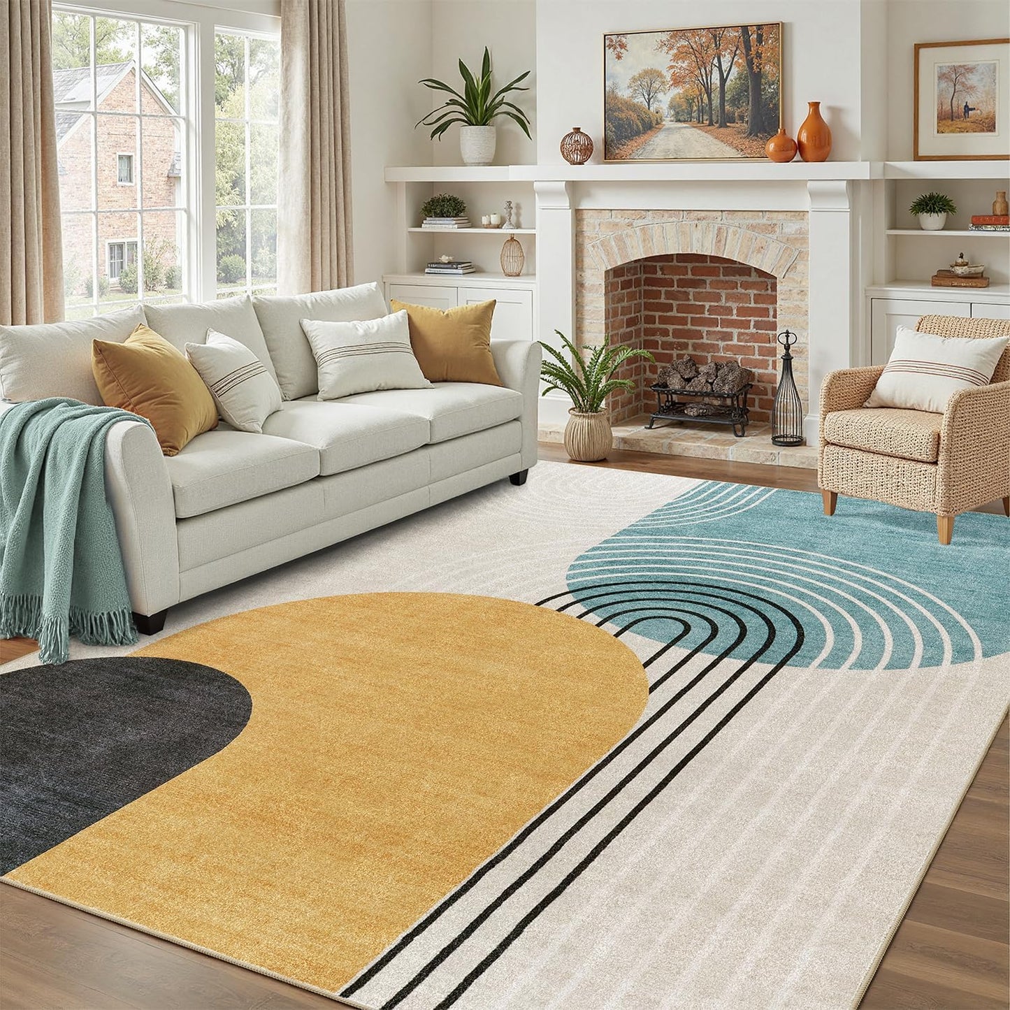 DCX Abstract Machine Washable 5x7 Rug, Mid Century Modern Rug for Living Room, Soft Low Pile Non Slip Carpet, Kid & Pet Friendly Stain Resistant Rug for Bedroom Dining Room Office, Blue & Yellow