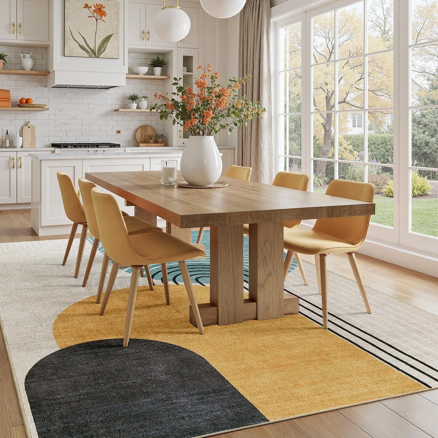 DCX Abstract Machine Washable 5x7 Rug, Mid Century Modern Rug for Living Room, Soft Low Pile Non Slip Carpet, Kid & Pet Friendly Stain Resistant Rug for Bedroom Dining Room Office, Blue & Yellow