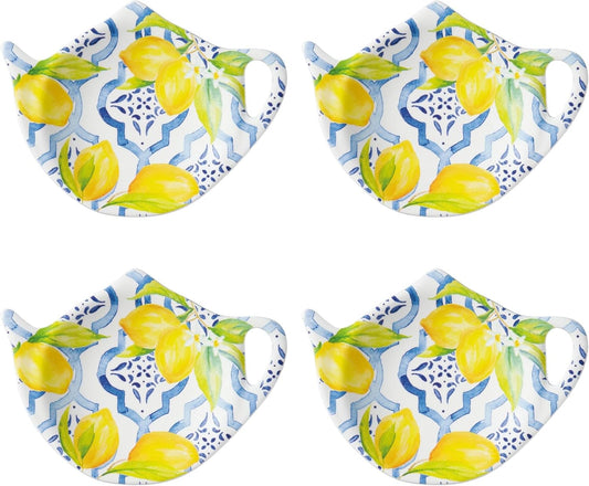 Lovely Lemon Tea Bag Holders, Teapot Shaped Tea Bag Coasters Spoon Rests Saucer Seasoning Dish Set, Blue and Yellow, 4 x 3 Inch, Set of 4