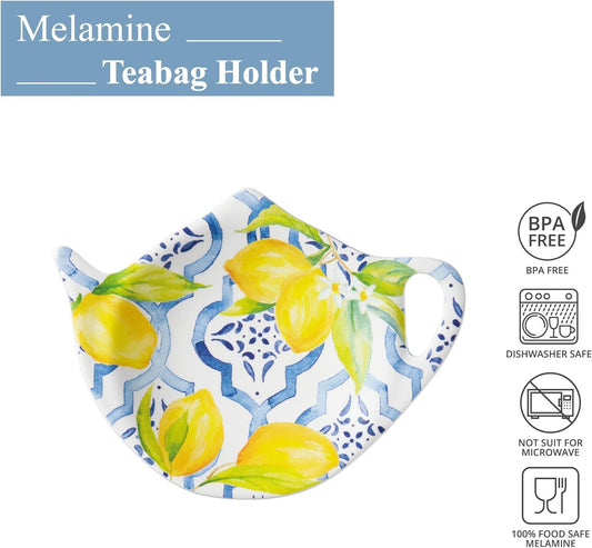 Lovely Lemon Tea Bag Holders, Teapot Shaped Tea Bag Coasters Spoon Rests Saucer Seasoning Dish Set, Blue and Yellow, 4 x 3 Inch, Set of 4
