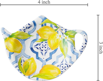 Lovely Lemon Tea Bag Holders, Teapot Shaped Tea Bag Coasters Spoon Rests Saucer Seasoning Dish Set, Blue and Yellow, 4 x 3 Inch, Set of 4