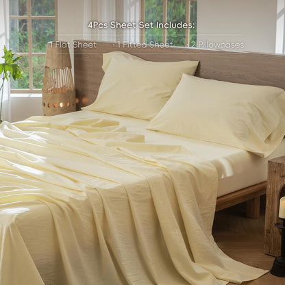 Sheet Set 100% Washed Cotton Linen-Like Extra Deep Pocket Queen | Relaxed Linen-like Texture. Soft, Breathable & Lightweight Comfort. 15–19" Extra Deep Pocket with All-around Elastic