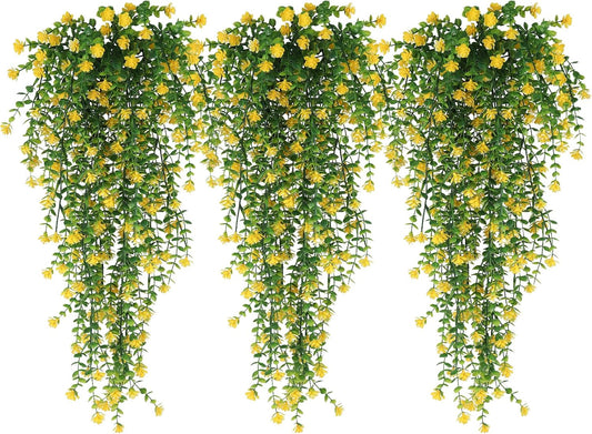 Outdoor Fake Hanging Plants,Draping Plant Vine,Faux Eucalyptus Leaf | 3Pcs,Yellow Fall Fake Trailing Hanging Flowers Faux Draping Greenery Spring Summer for Jungle Theme Party Wedding Decoration