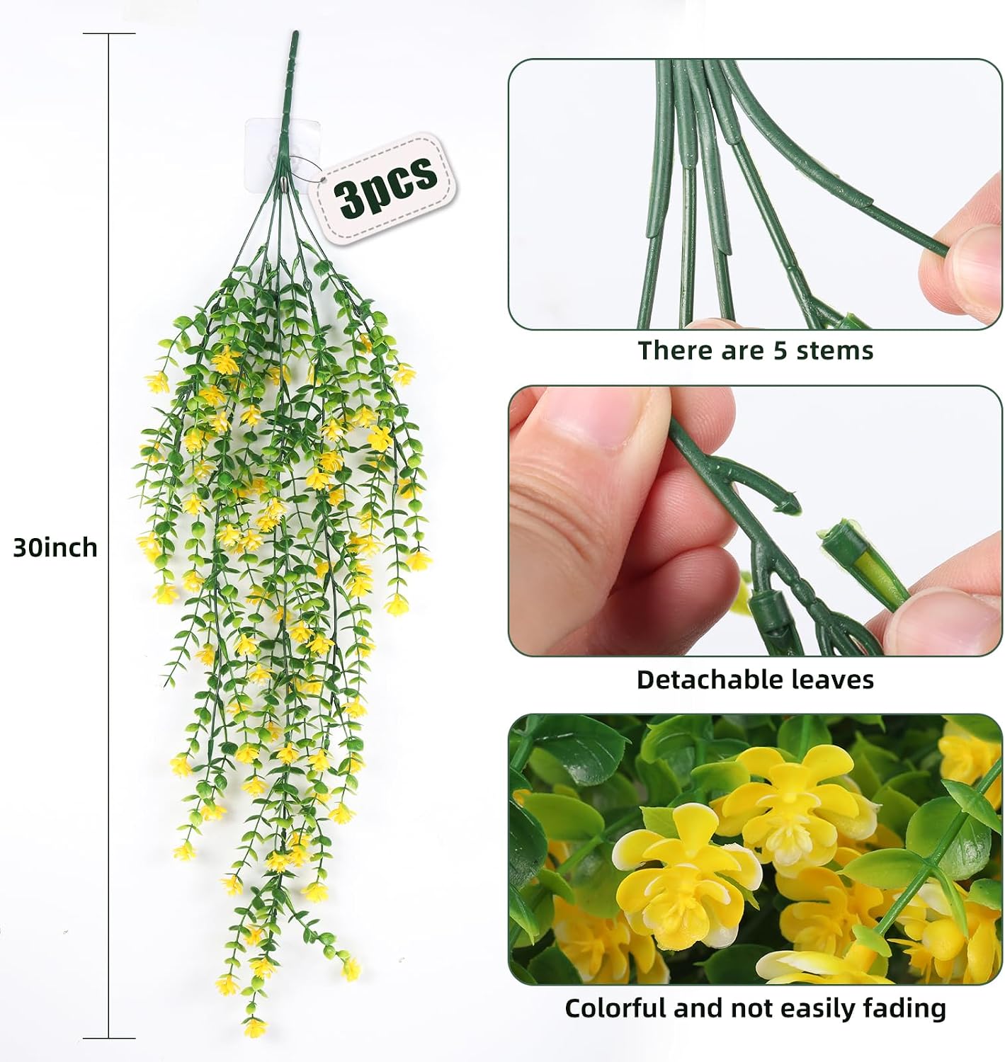 Outdoor Fake Hanging Plants,Draping Plant Vine,Faux Eucalyptus Leaf | 3Pcs,Yellow Fall Fake Trailing Hanging Flowers Faux Draping Greenery Spring Summer for Jungle Theme Party Wedding Decoration
