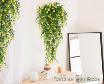 Outdoor Fake Hanging Plants,Draping Plant Vine,Faux Eucalyptus Leaf | 3Pcs,Yellow Fall Fake Trailing Hanging Flowers Faux Draping Greenery Spring Summer for Jungle Theme Party Wedding Decoration