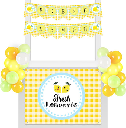 43 Pcs Lemonade Stand Supplies 45" x 31" Tablecloth, 2 Fresh Lemon Garland, 40 Balloons for Fresh Squeezed Lemonade Stand Decorations Kit Summer Picnic Lemon Birthday Party(Yellow,Check)