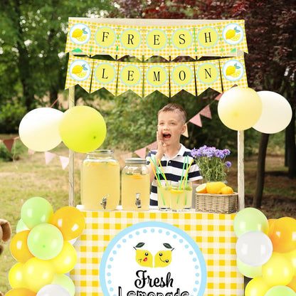 43 Pcs Lemonade Stand Supplies 45" x 31" Tablecloth, 2 Fresh Lemon Garland, 40 Balloons for Fresh Squeezed Lemonade Stand Decorations Kit Summer Picnic Lemon Birthday Party(Yellow,Check)
