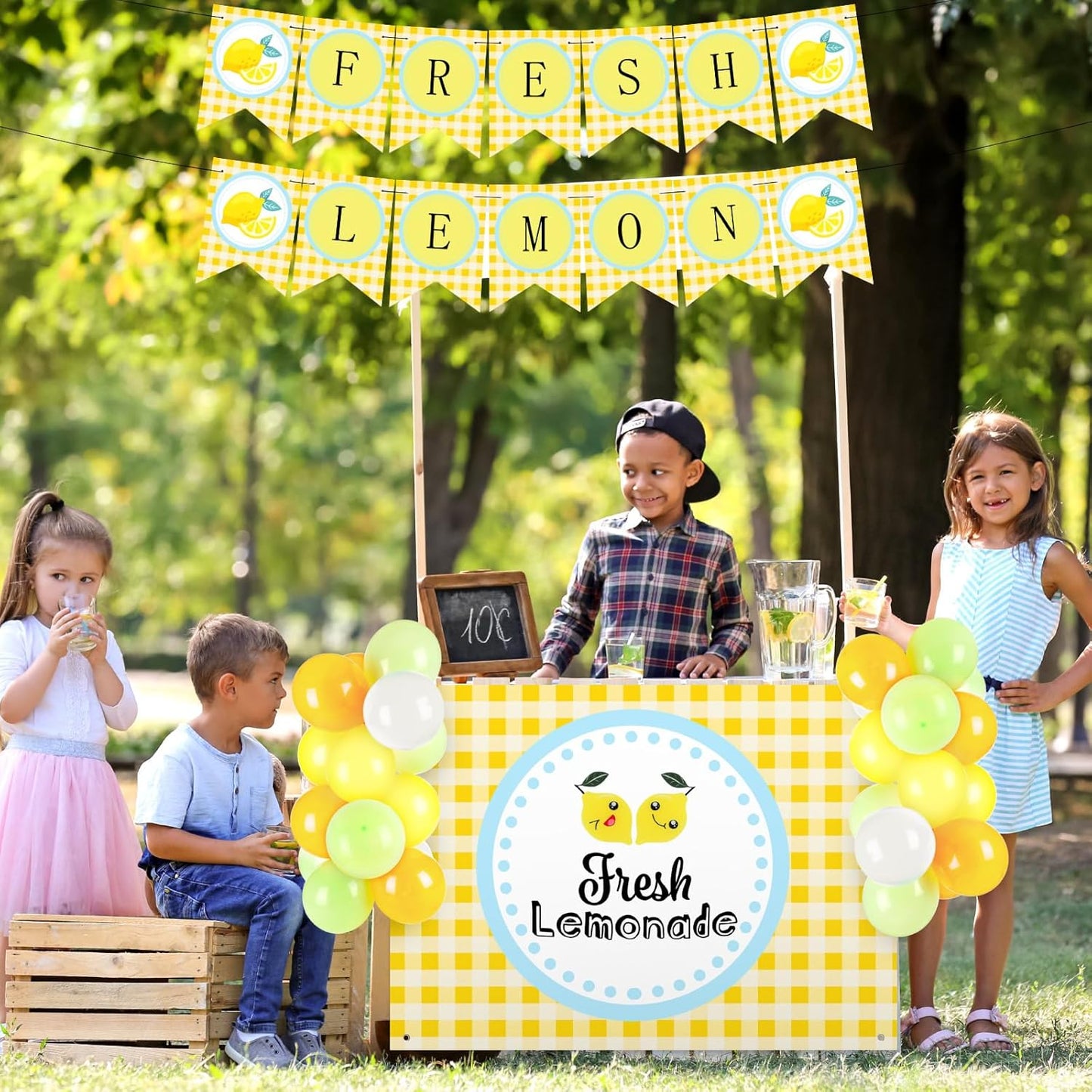 43 Pcs Lemonade Stand Supplies 45" x 31" Tablecloth, 2 Fresh Lemon Garland, 40 Balloons for Fresh Squeezed Lemonade Stand Decorations Kit Summer Picnic Lemon Birthday Party(Yellow,Check)