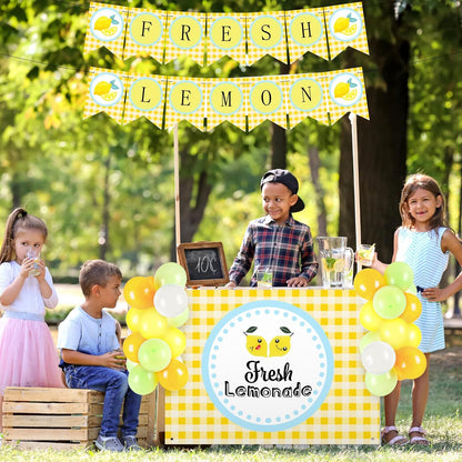 43 Pcs Lemonade Stand Supplies 45" x 31" Tablecloth, 2 Fresh Lemon Garland, 40 Balloons for Fresh Squeezed Lemonade Stand Decorations Kit Summer Picnic Lemon Birthday Party(Yellow,Check)