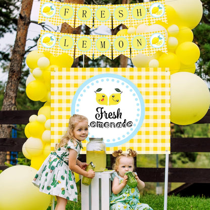 43 Pcs Lemonade Stand Supplies 45" x 31" Tablecloth, 2 Fresh Lemon Garland, 40 Balloons for Fresh Squeezed Lemonade Stand Decorations Kit Summer Picnic Lemon Birthday Party(Yellow,Check)