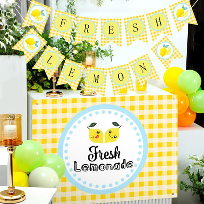 43 Pcs Lemonade Stand Supplies 45" x 31" Tablecloth, 2 Fresh Lemon Garland, 40 Balloons for Fresh Squeezed Lemonade Stand Decorations Kit Summer Picnic Lemon Birthday Party(Yellow,Check)