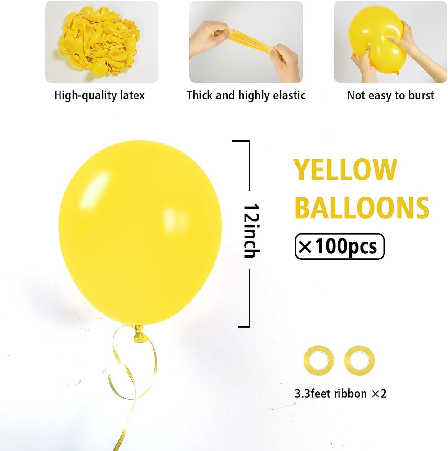 100pcs 12inch Yellow Balloons with Yellow Latex Balloons and Ribbon | Birthday, Baby Shower, Wedding, Birthday Party Decorations