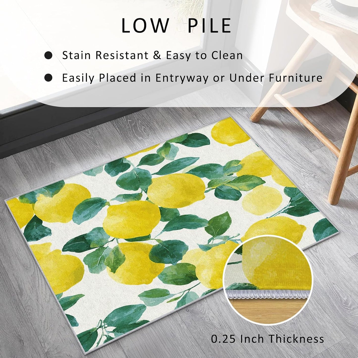 Lemon Throw Rug for Entryway, Washable Non Slip, 2x3 Small Indoor Doormat Farmhouse Fruit Design for Bedroom Kitchen, Lemon Home Decor Door Mat, Low Pile Soft
