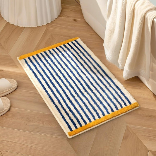 GIB Bathroom Rugs Mat 24" x 16", Extra Soft Absorbent Plush Fluffy Bath Rugs, Non-Slip Washable Bath Mats for Bathroom Floor Shower Home Decor Accessories, Blue & White Striped with Yellow Accents