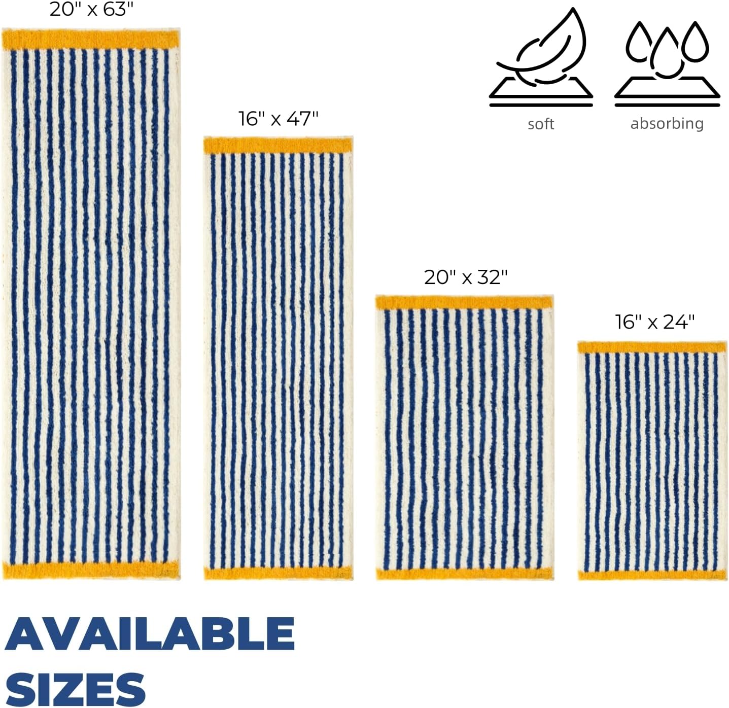 GIB Bathroom Rugs Mat 24" x 16", Extra Soft Absorbent Plush Fluffy Bath Rugs, Non-Slip Washable Bath Mats for Bathroom Floor Shower Home Decor Accessories, Blue & White Striped with Yellow Accents
