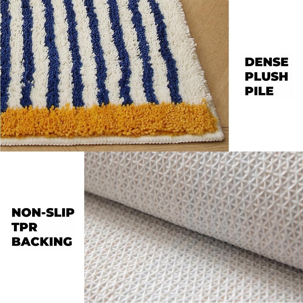 GIB Bathroom Rugs Mat 24" x 16", Extra Soft Absorbent Plush Fluffy Bath Rugs, Non-Slip Washable Bath Mats for Bathroom Floor Shower Home Decor Accessories, Blue & White Striped with Yellow Accents