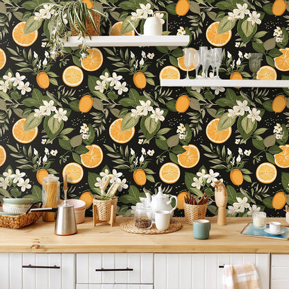 Lemon Wallpaper Stick and Peel Black Lemon Flowers Wall Mural Self Adhesive Removable Citrus Fruit Wallpaper for Kitchen Powder Room 17.7''x118'' Prepasted Art Wall Deco for Bedroom Bathroom