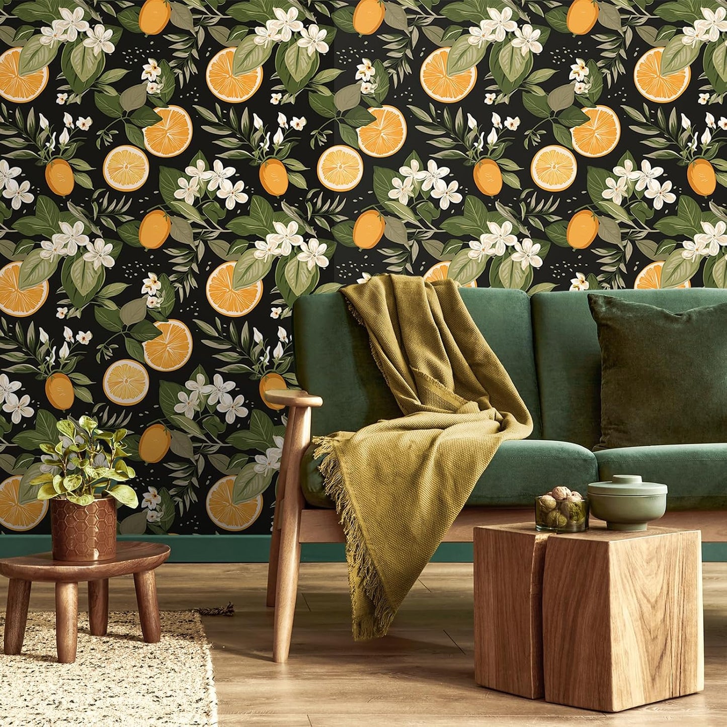 Lemon Wallpaper Stick and Peel Black Lemon Flowers Wall Mural Self Adhesive Removable Citrus Fruit Wallpaper for Kitchen Powder Room 17.7''x118'' Prepasted Art Wall Deco for Bedroom Bathroom