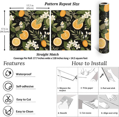 Lemon Wallpaper Stick and Peel Black Lemon Flowers Wall Mural Self Adhesive Removable Citrus Fruit Wallpaper for Kitchen Powder Room 17.7''x118'' Prepasted Art Wall Deco for Bedroom Bathroom