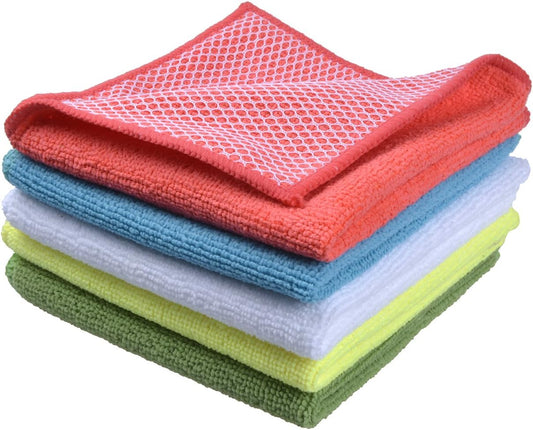 Microfiber Dish Cloth Towels with Poly Scour Side Best Kitchen Cleaning Cloths Rags 12"x12" 5 Pack 5 Color Assorted (Pink+Blue+White+Yellow+Green)