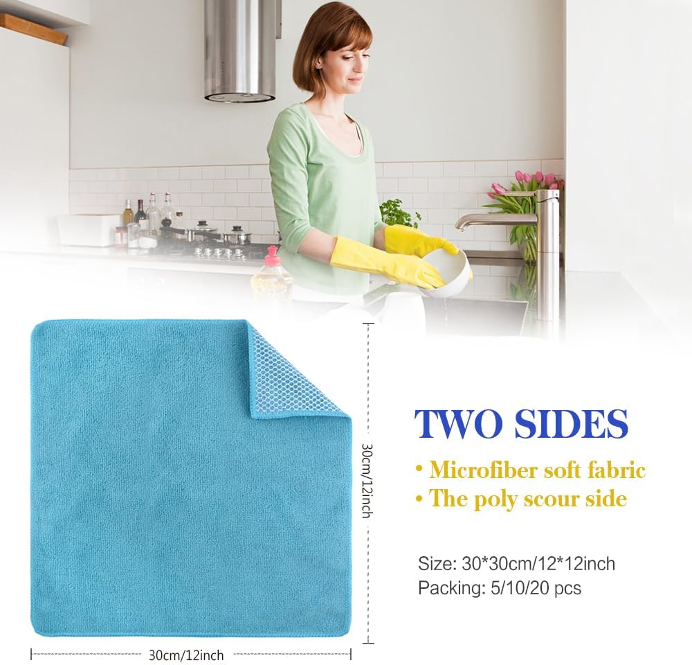Microfiber Dish Cloth Towels with Poly Scour Side Best Kitchen Cleaning Cloths Rags 12"x12" 5 Pack 5 Color Assorted (Pink+Blue+White+Yellow+Green)
