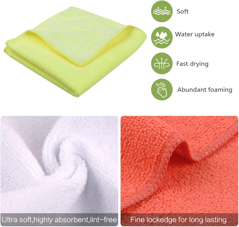 Microfiber Dish Cloth Towels with Poly Scour Side Best Kitchen Cleaning Cloths Rags 12"x12" 5 Pack 5 Color Assorted (Pink+Blue+White+Yellow+Green)