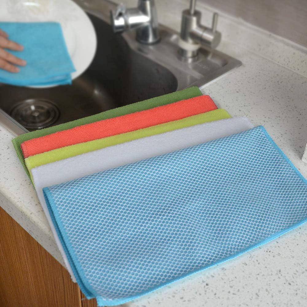 Microfiber Dish Cloth Towels with Poly Scour Side Best Kitchen Cleaning Cloths Rags 12"x12" 5 Pack 5 Color Assorted (Pink+Blue+White+Yellow+Green)