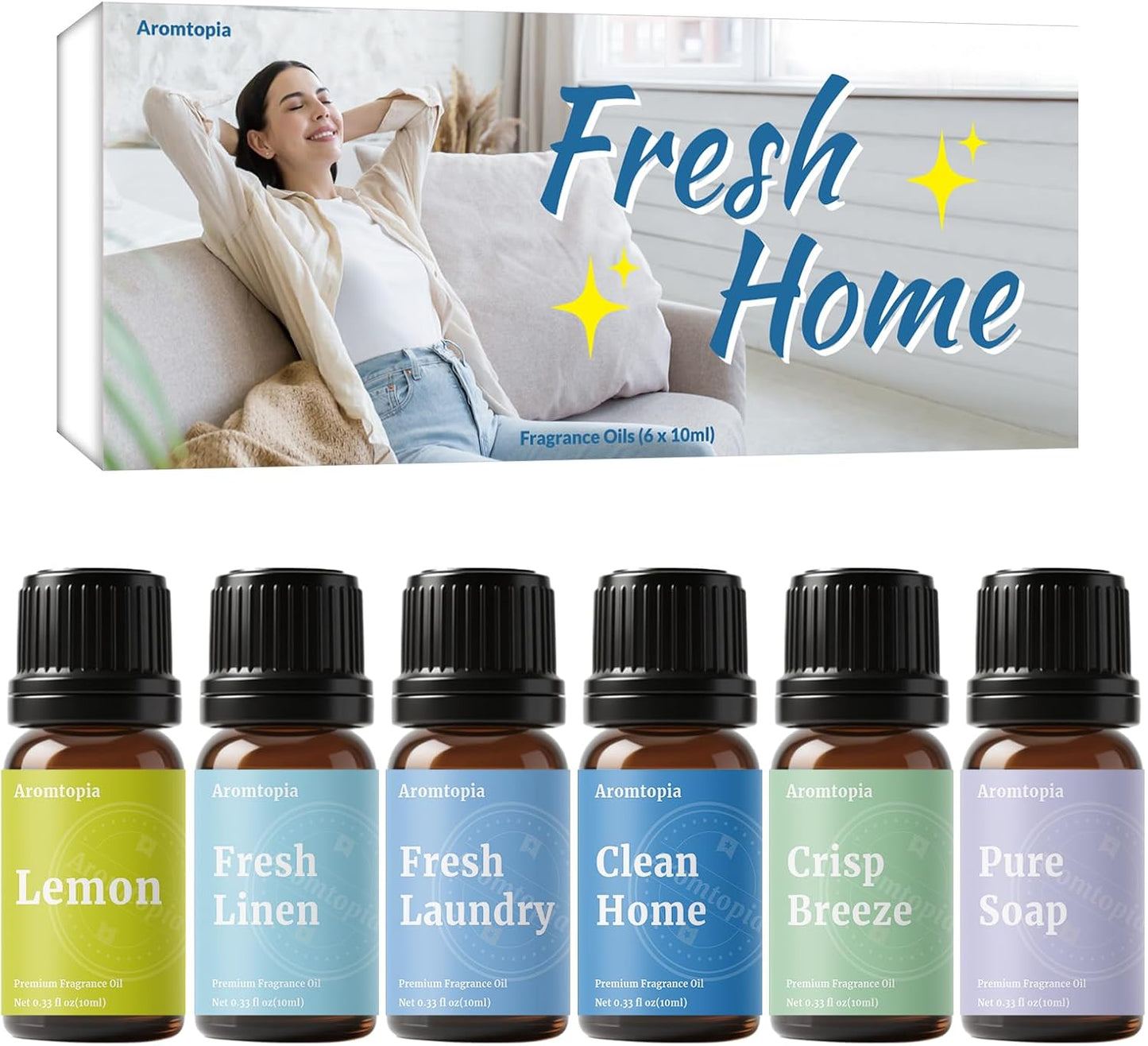 Diffuser Fragrance Oils, Essential Oils for Diffusers for Home, 6x10ml Fresh Home Set, Clean Scents for Candle Soap Making, Dryer Ball, Fresh Linen, Crisp Breeze, Fresh Laundry, Lemon