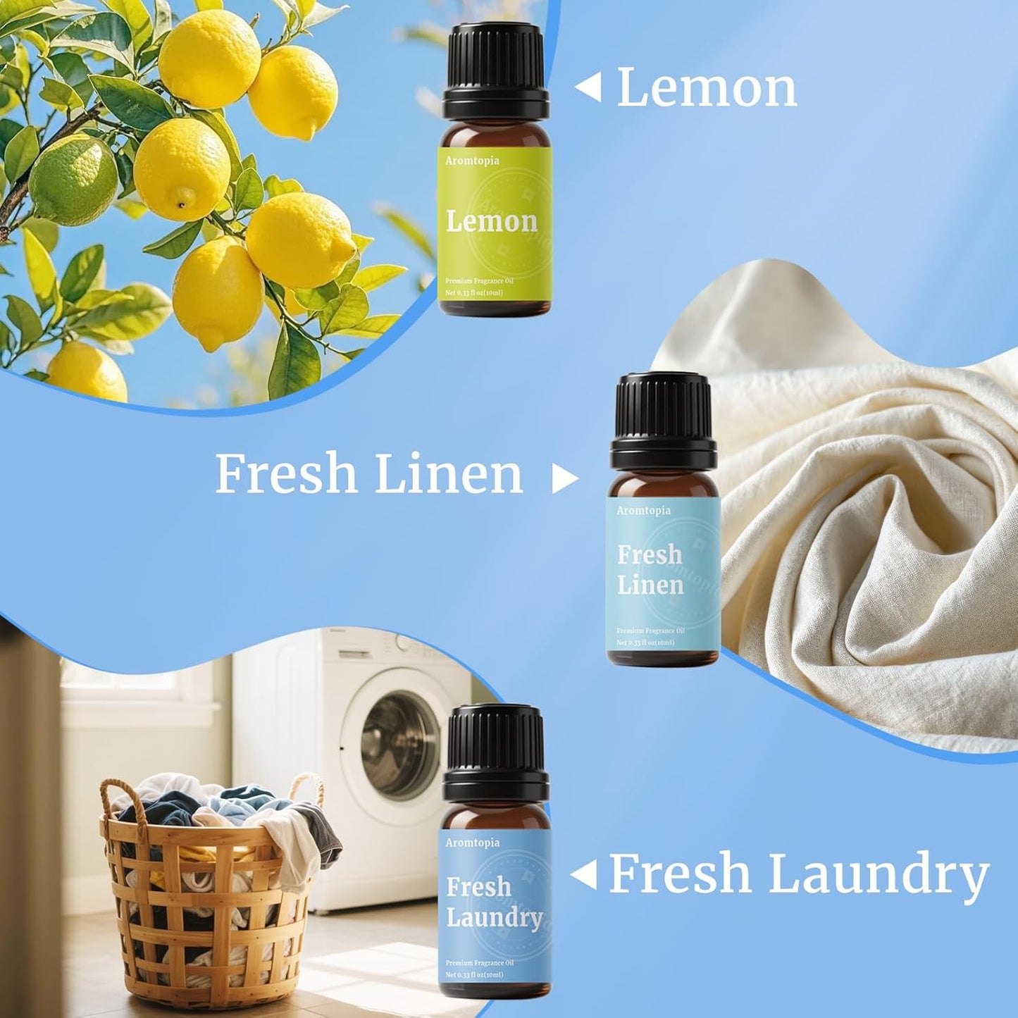 Diffuser Fragrance Oils, Essential Oils for Diffusers for Home, 6x10ml Fresh Home Set, Clean Scents for Candle Soap Making, Dryer Ball, Fresh Linen, Crisp Breeze, Fresh Laundry, Lemon