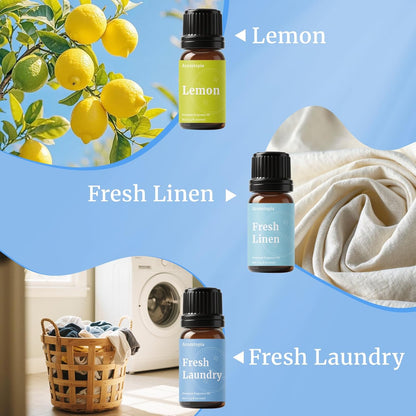 Diffuser Fragrance Oils, Essential Oils for Diffusers for Home, 6x10ml Fresh Home Set, Clean Scents for Candle Soap Making, Dryer Ball, Fresh Linen, Crisp Breeze, Fresh Laundry, Lemon